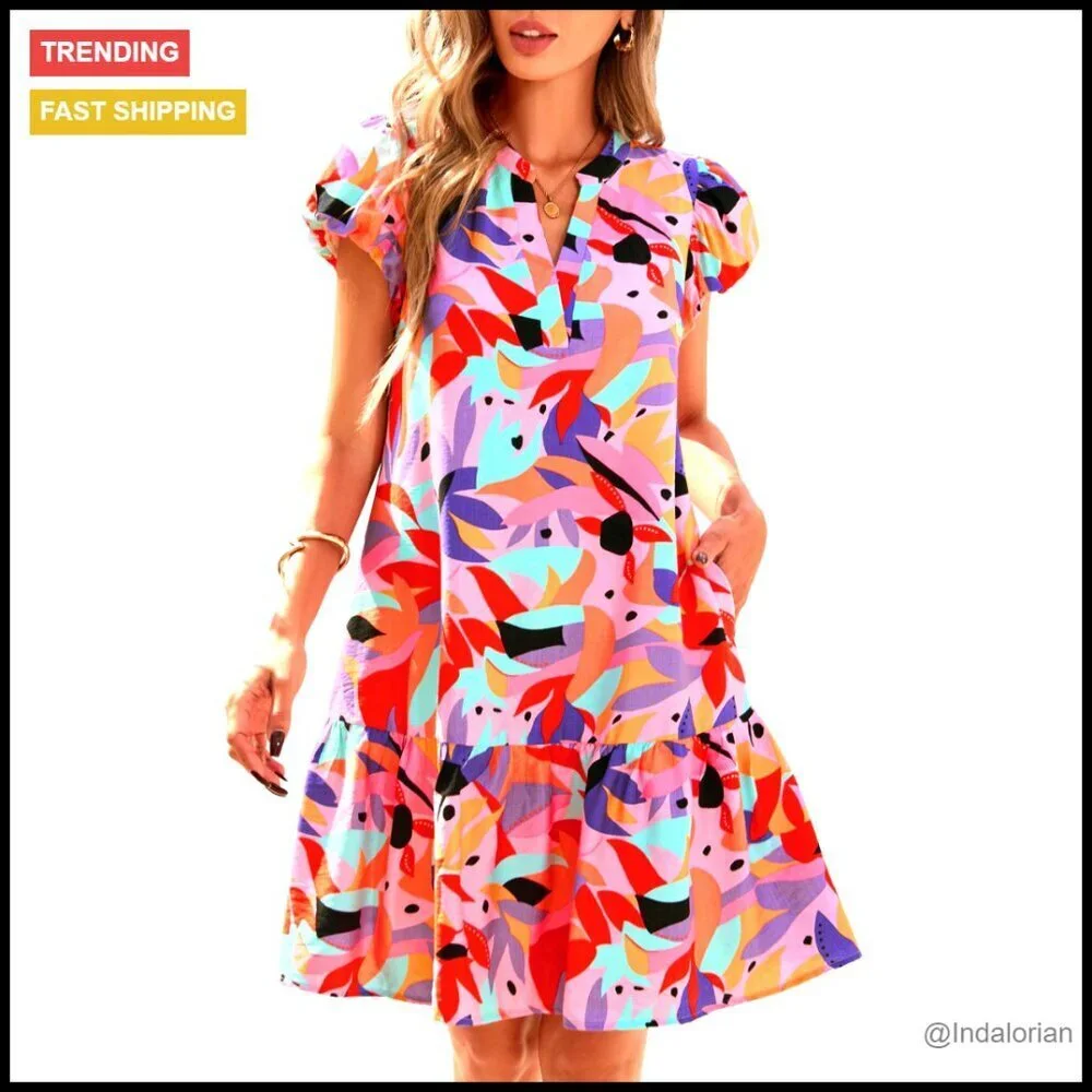 Puffy Sleeve V-Neck Boho Mini Dress Flowy A-Line with Pockets Summer Casual